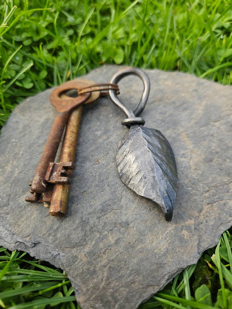 Hand-Forged Steel Leaf Keychain